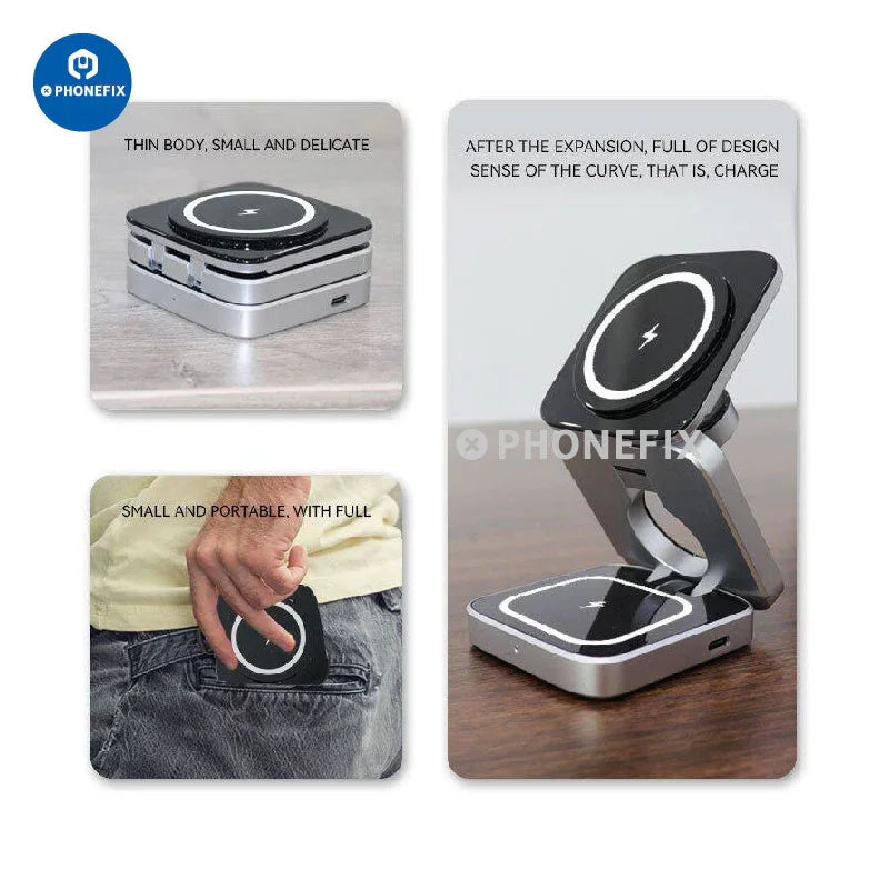 PHONEFIX 3-in-1 foldable magnetic wireless fast charger station with phone, smartwatch, and earbuds charging areas.