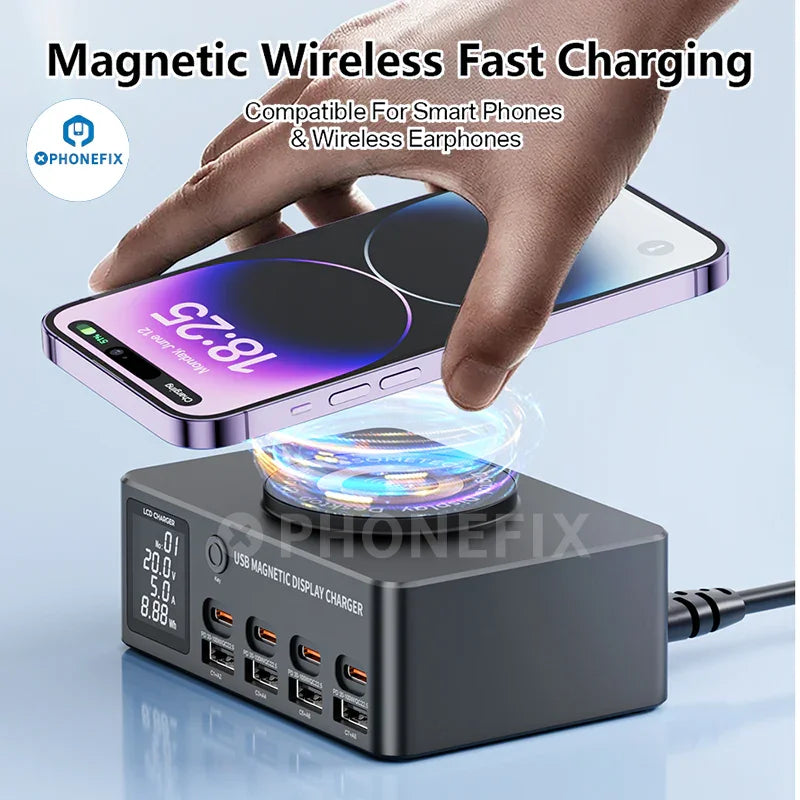 PHONEFIX i-Charger 140W USB Type-C PD charger with magnetic wireless for fast phone charging and versatile power delivery.