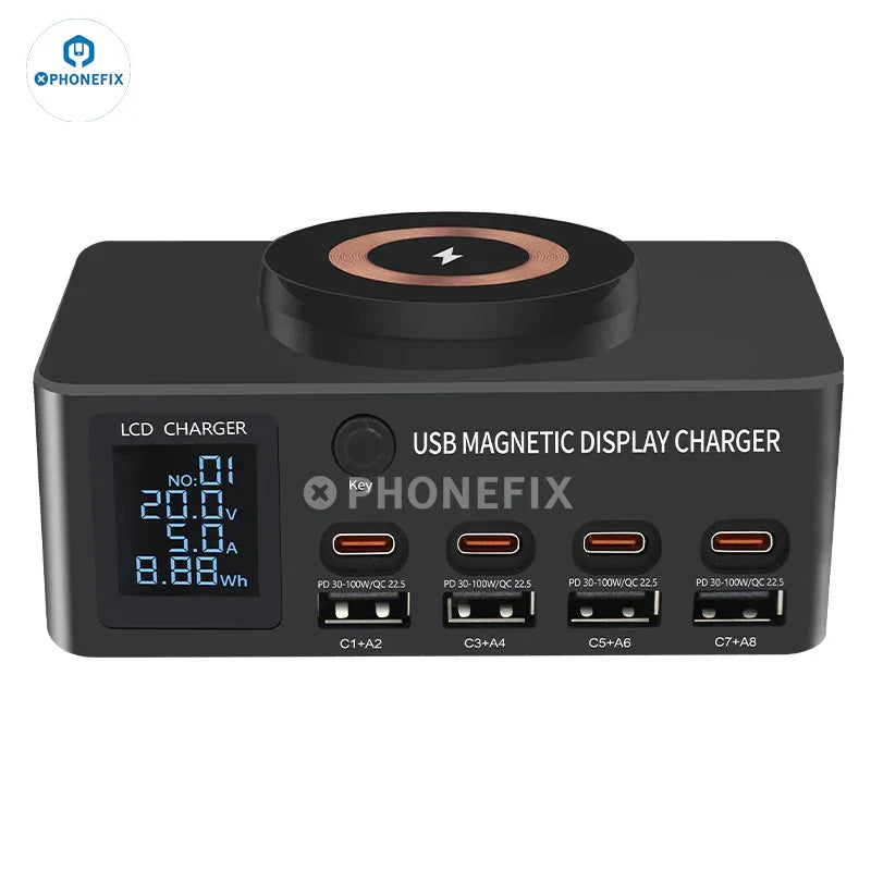 PHONEFIX i-Charger 140W USB Type-C PD charger with magnetic wireless charging for phones, shown plugged into a device.