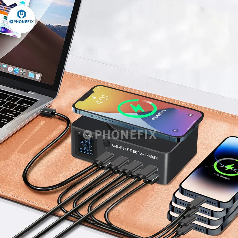 PHONEFIX i-Charger 140W USB Type-C PD charger with magnetic wireless charging for phones, featuring sleek design and compact form.