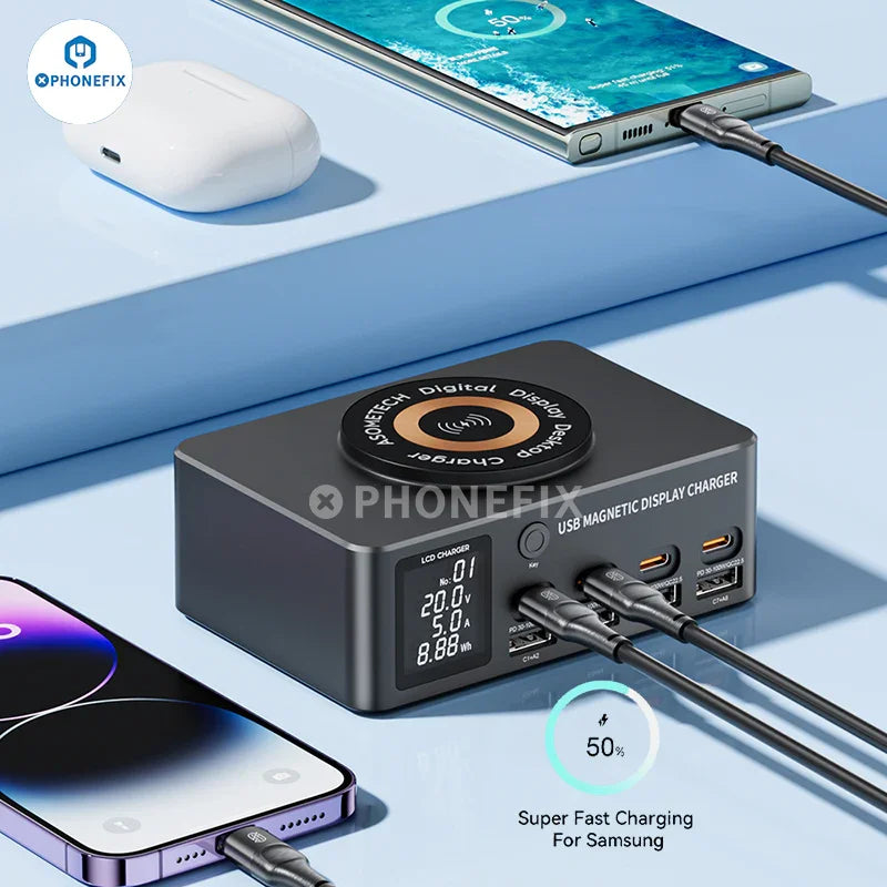 PHONEFIX i-Charger 140W USB Type-C PD charger with magnetic wireless charging for phones, showing the sleek charger and cable connection.