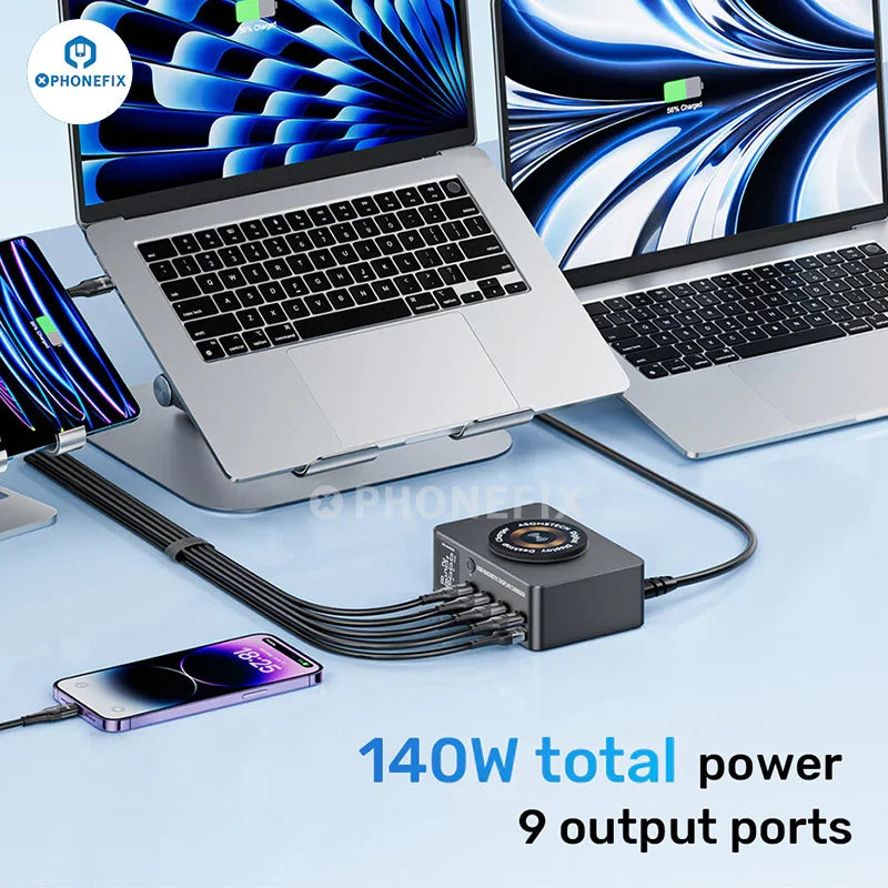 PHONEFIX i-Charger 140W USB Type-C PD charger with magnetic wireless charging for phones, compact and versatile phone USB charging device.