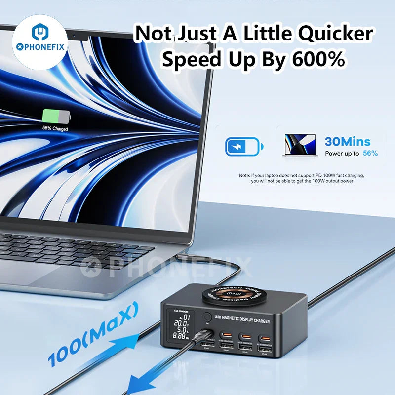 PHONEFIX i-Charger 140W USB Type-C PD charger with magnetic wireless charging pad for phones, compact and sleek design.