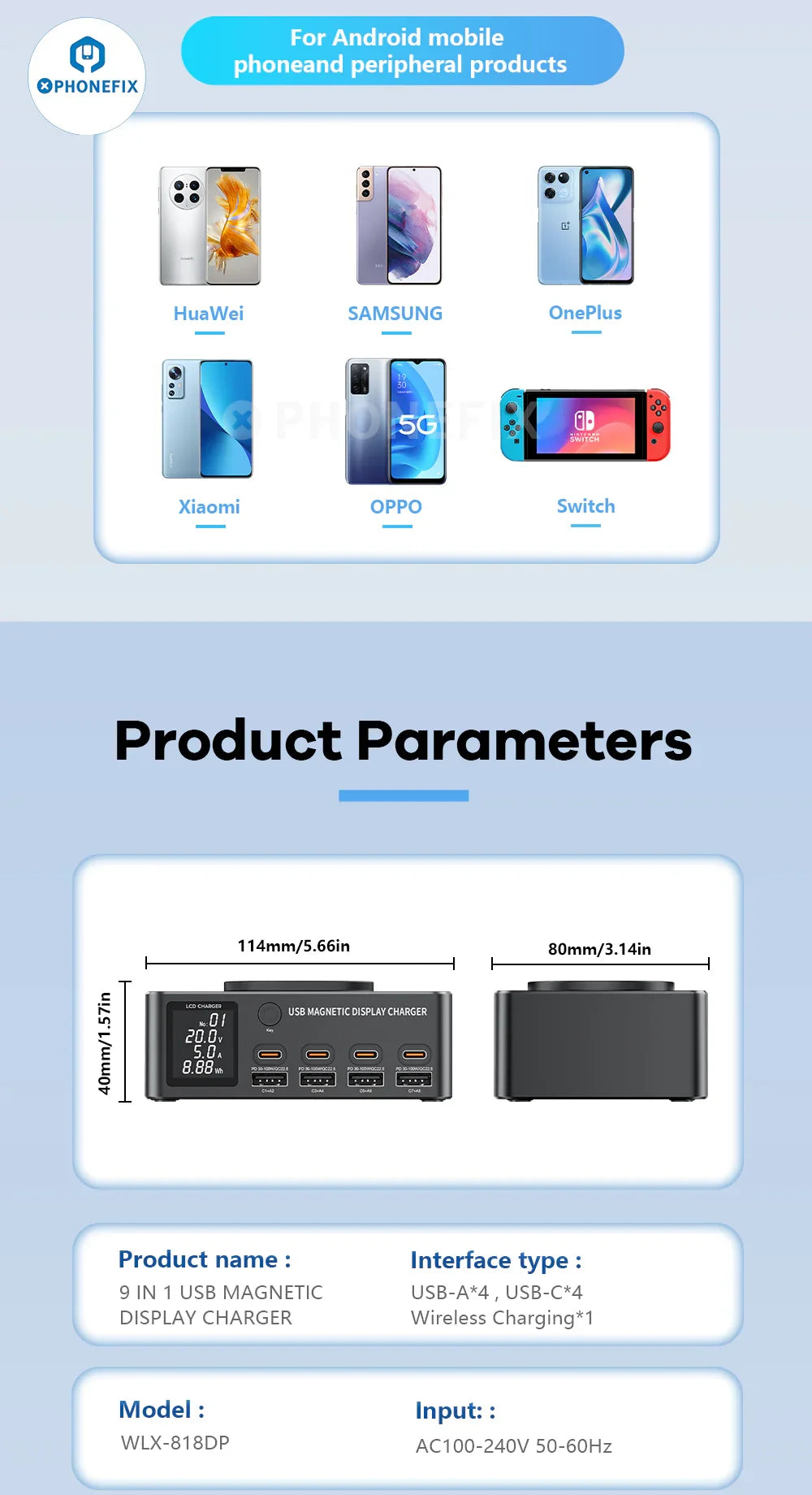 PHONEFIX i-Charger 140W USB Type-C PD charger with magnetic wireless charging for phones, black compact design with USB-C port.