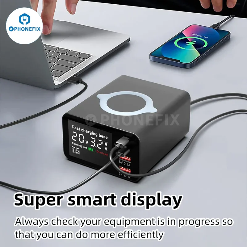 PHONEFIX i-Desktop 110W Type-C USB charger dock with wireless charging and multiple ports for phone charging and device connectivity.