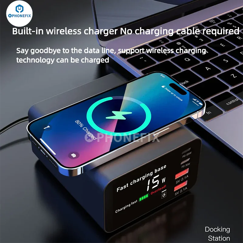 PHONEFIX i-Desktop 110W Type-C USB charger dock with wireless charging for phones, featuring multiple ports and sleek design.
