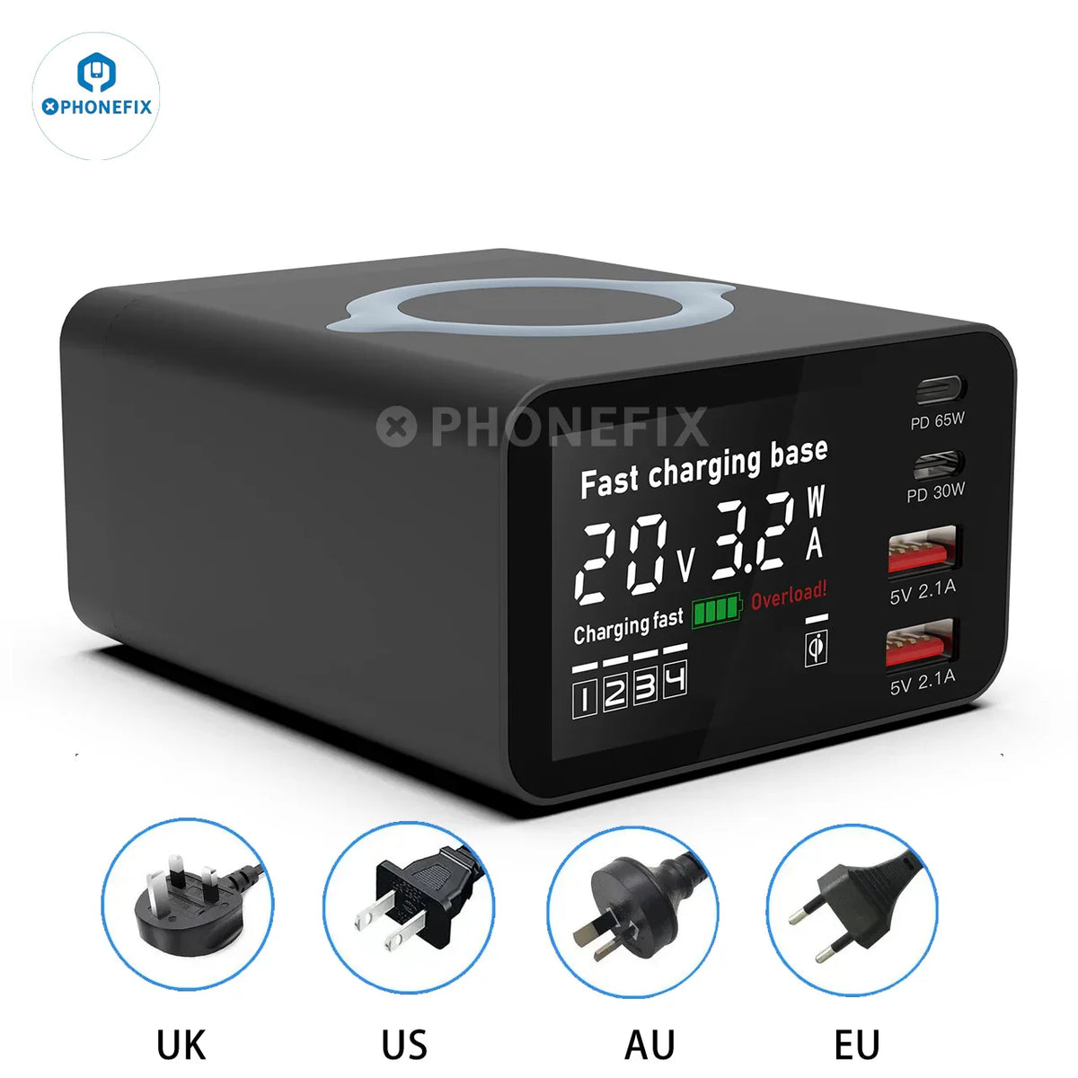 PHONEFIX i-Desktop 110W Type-C USB charger dock with wireless charging for phones, featuring multiple USB ports and sleek design.
