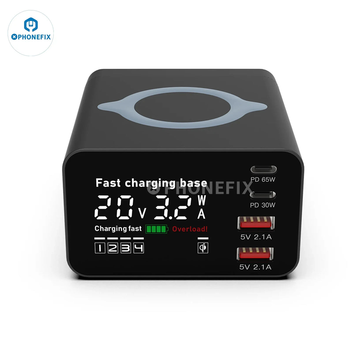 PHONEFIX i-Desktop 110W Type-C USB charger dock with wireless charging for phones, featuring multiple USB ports and sleek design.