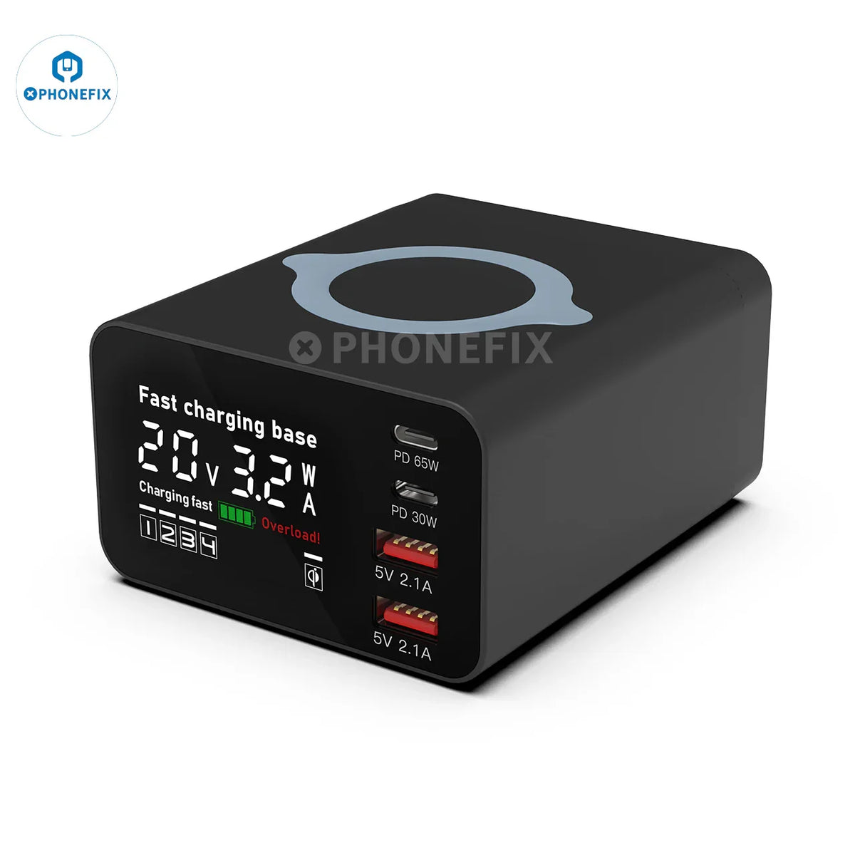 PHONEFIX i-Desktop 110W USB-C charger dock with wireless charging for phones, featuring multiple ports and sleek design.