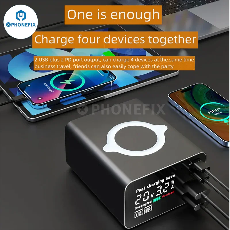 PHONEFIX i-Desktop 110W Type-C USB charger dock with wireless charging, showing a sleek black charging station with phone connected.