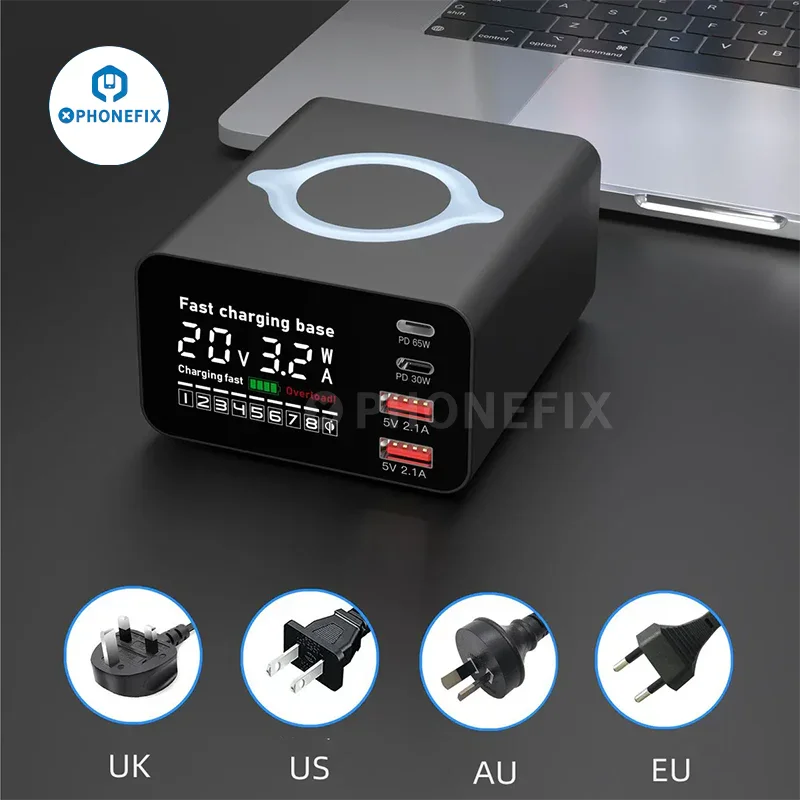 PHONEFIX i-Desktop 110W USB Type-C charger dock with wireless charging for smartphones, featuring multiple USB ports and sleek design.