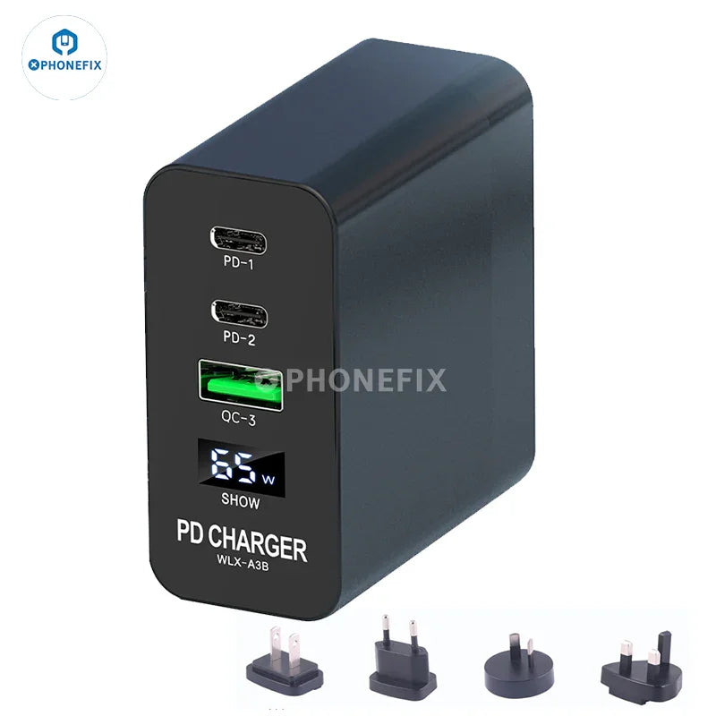 PHONEFIX i-Helper 65W USB fast charger with multi-port design and LED digital display for phone charging.