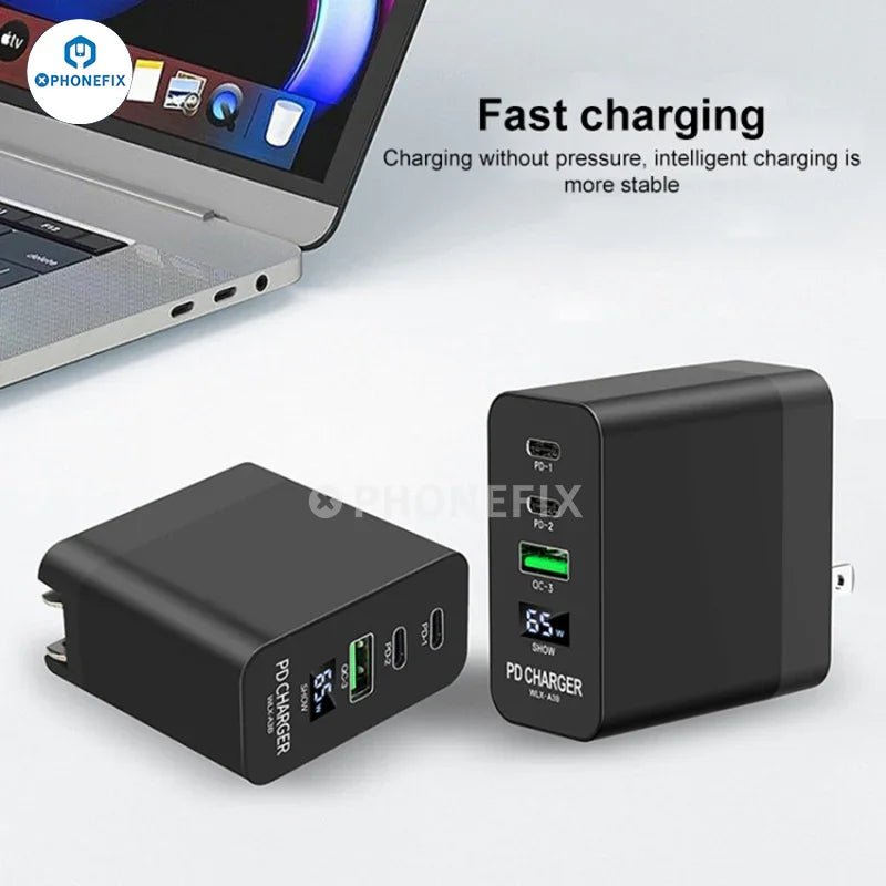 PHONEFIX i-Helper 65W multi-port USB fast charger with LED digital display for phone charging, featuring multiple USB ports and sleek design.