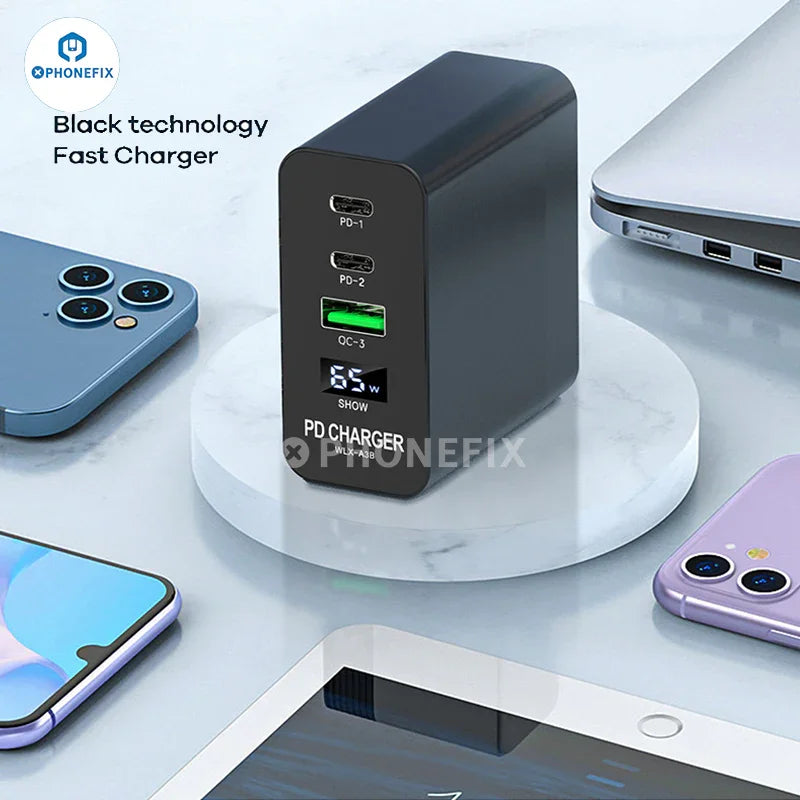 PhoneFIX i-Helper 65W multi-port USB fast charger with LED digital display, designed for phone charging and fast power delivery.