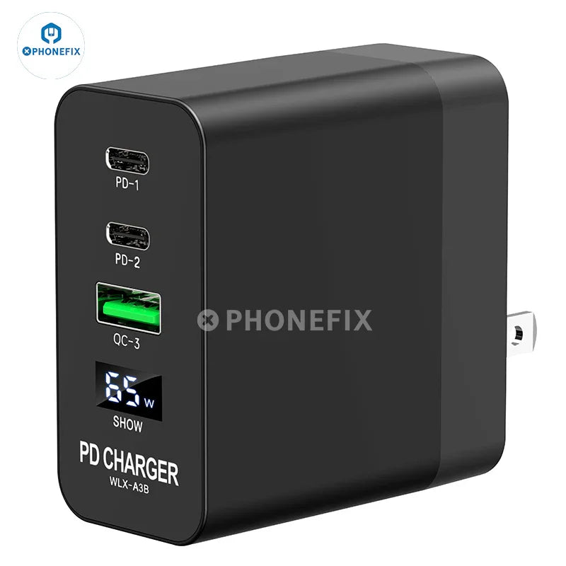 PHONEFIX i-Helper 65W multi-port USB fast charger with LED digital display for phone charging, compact and versatile power adapter.