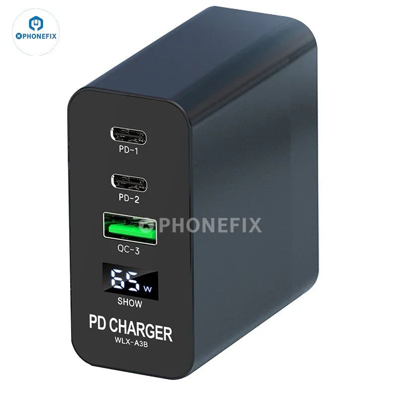 PHONEFIX i-Helper 65W USB fast charger with multiple ports and LED digital display for phone charging.