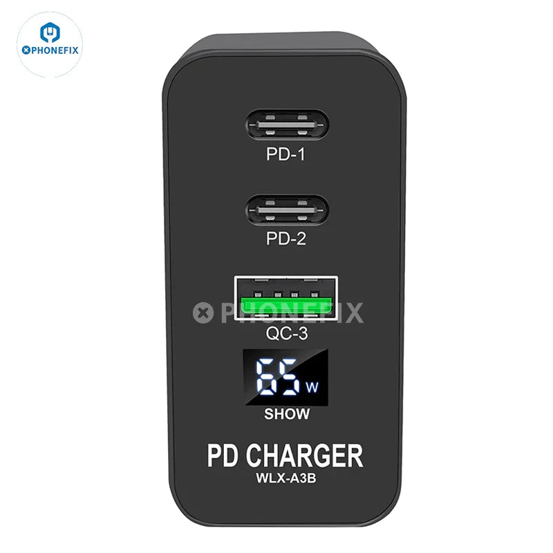 PHONEFIX i-Helper 65W multi-port USB fast charger with LED digital display for phone charging, featuring multiple ports and sleek design.