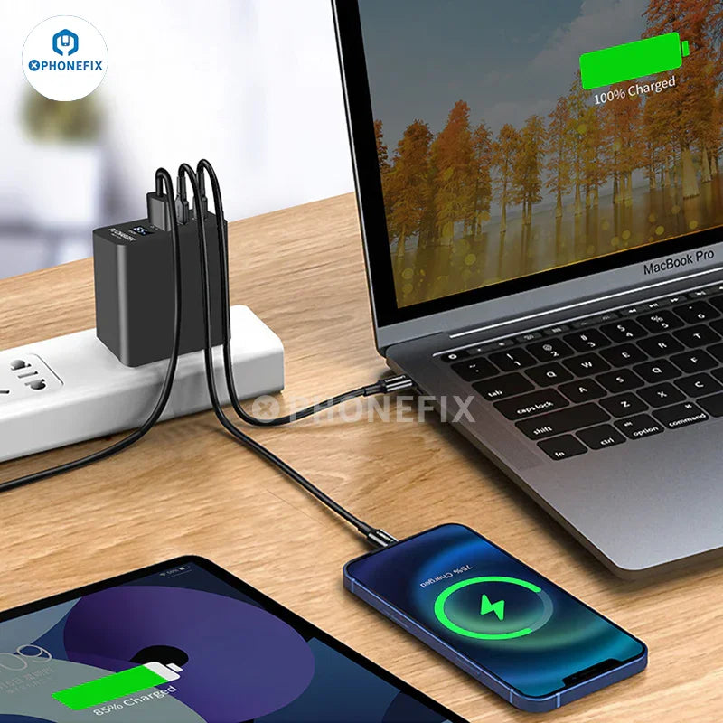 PHONEFIX i-Helper 65W multi-port USB fast charger with LED digital display for phone charging and device power supply.