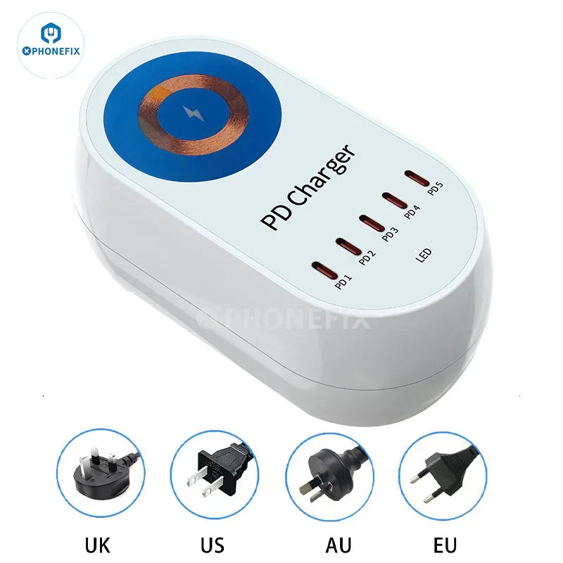PHONEFIX i-Travel Chargeur rapide sans fil multiport numérique PD GaN 5 ports 140 W avec ports USB pour téléphones et appareils.