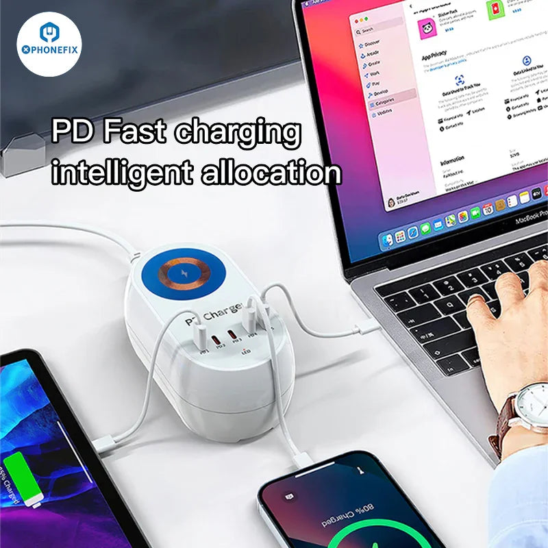 PHONEFIX i-Travel 140W 5 port PD GaN fast wireless charger with multiple USB-C and USB-A ports for quick phone charging.