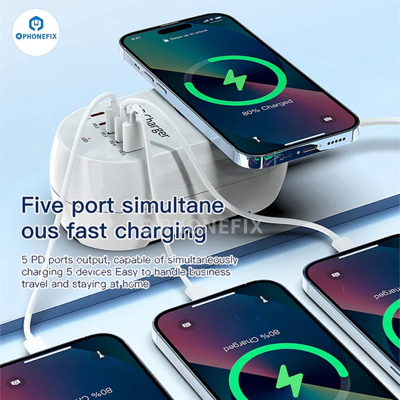 Chargeur rapide sans fil numérique PHONEFIX i-Travel 140W à 5 ports PD GaN avec plusieurs ports USB et un design élégant.