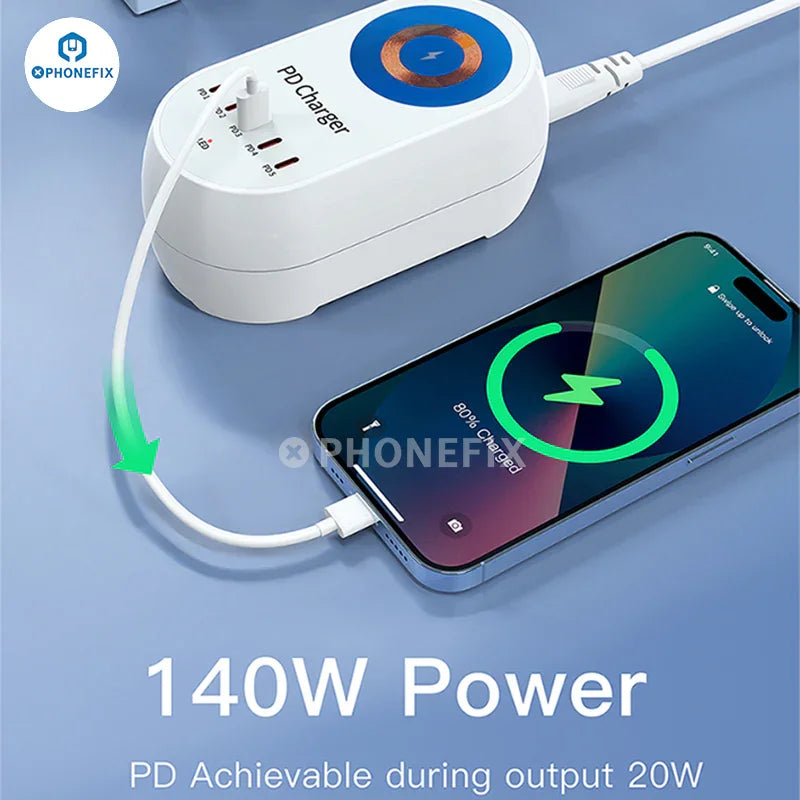 Chargeur rapide sans fil PHONEFIX i-Travel 140W à 5 ports PD GaN avec plusieurs ports USB et un élégant écran numérique pour la charge du téléphone.