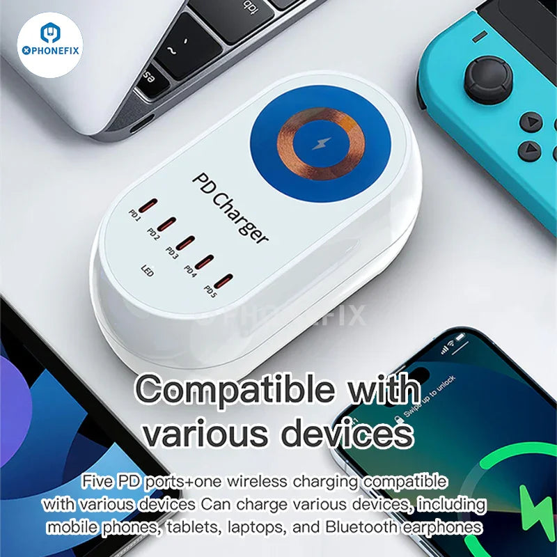 Chargeur rapide sans fil numérique PHONEFIX i-Travel 140W à 5 ports PD GaN avec plusieurs ports USB et un design élégant pour une charge rapide des appareils.