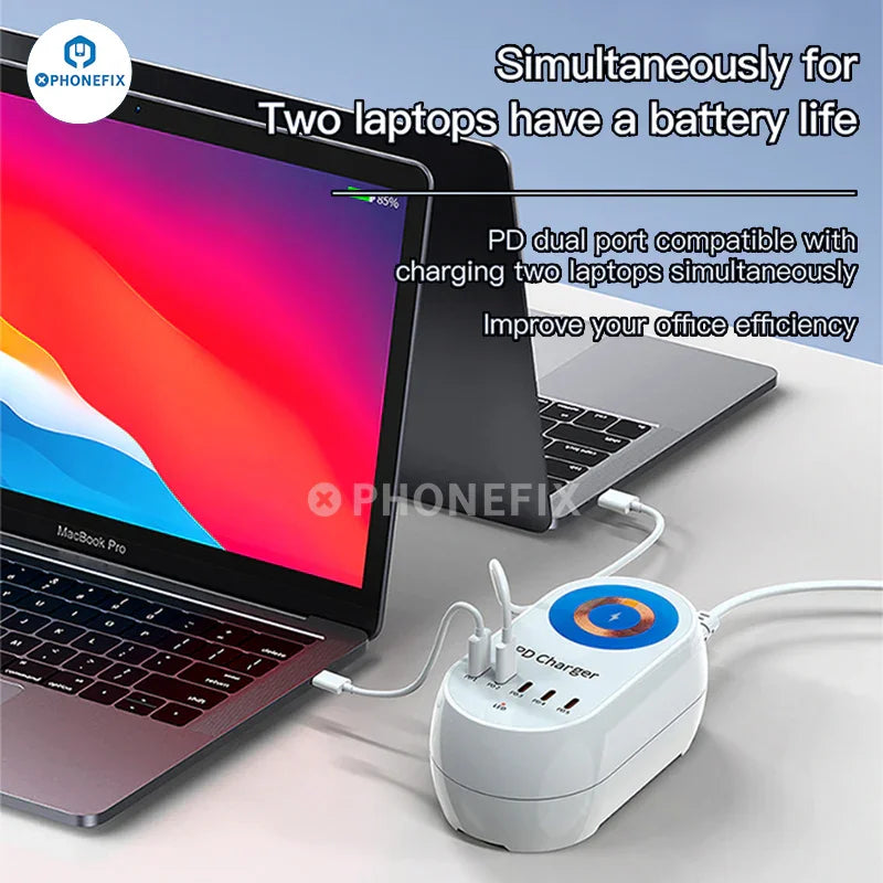 Chargeur rapide sans fil PHONEFIX i-Travel 140W à 5 ports PD GaN avec plusieurs ports USB et un design compact pour la charge des téléphones.