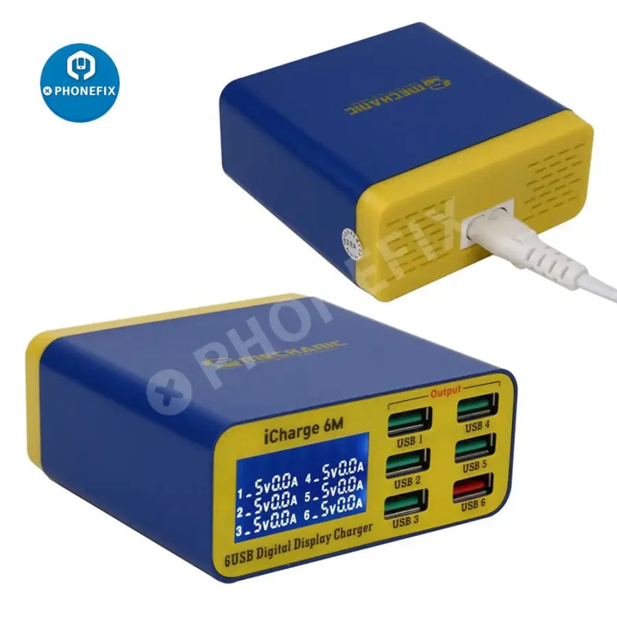 PhoneFIX MECHANIC iCharge 6M QC 3.0 USB smart charger with digital display and six charging ports for phones and devices.
