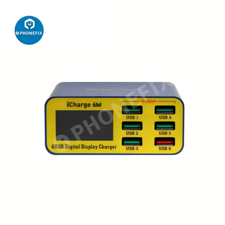 PHONEFIX MECHANIC iCharge 6M QC 3.0 digital display 6-port smart USB phone charger with multiple charging ports.