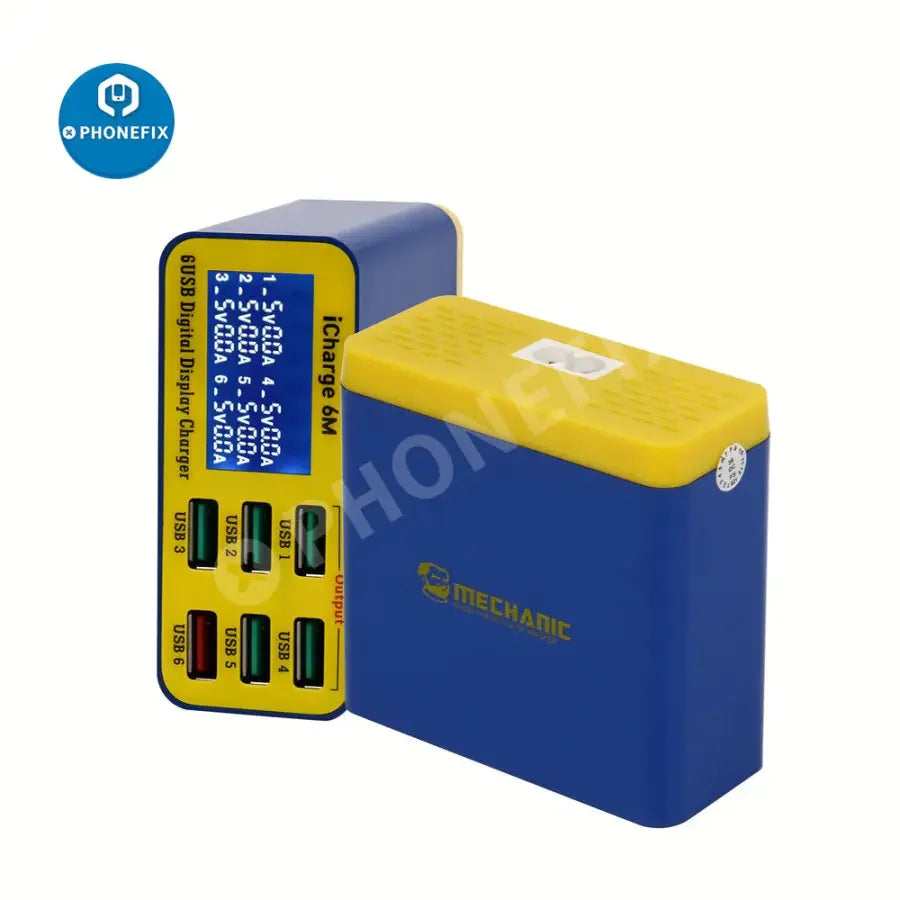 PHONEFIX MECHANIC iCharge 6M QC 3.0 USB smart charger with digital display and 6 ports for fast phone charging.