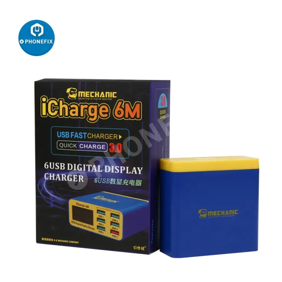 PHONEFIX MECHANIC iCharge 6M QC 3.0 digital display 6-port USB smart charger for phones, with multiple charging ports and digital readout.