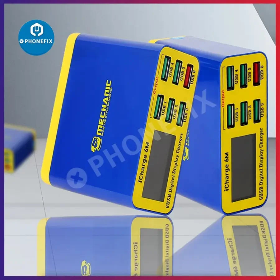 PHONEFIX MECHANIC iCharge 6M QC 3.0 USB smart charger with digital display and 6 charging ports for phones and devices.