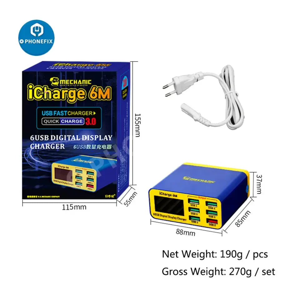 PHONEFIX MECHANIC iCharge 6M QC 3.0 digital display 6-port smart phone USB charger with multiple ports and LED indicators.
