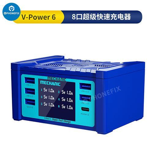 PhoneFIX V-Power 6 8 8S super fast USB charger for iPhone, iPad, and Apple Watch, delivering quick power for multiple devices.
