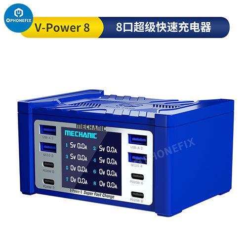 PhoneFIX V-Power 6 8 8S super fast USB charger for iPhone, iPad, and watches, shown connected to devices.