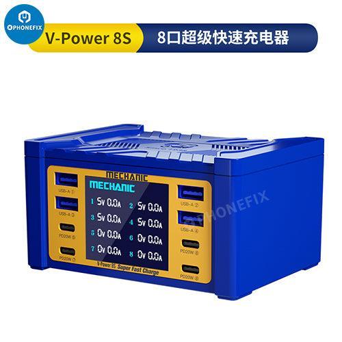 PHONEFIX MECHANIC V-Power 6 8 8S super fast USB charger for iPhone, iPad, and Apple Watch, with a compact design.