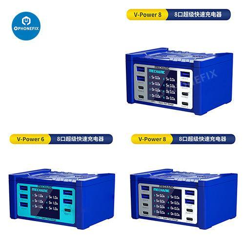 PhoneFIX Mechanic V-Power 6 8 8S super fast USB charger for iPhone, iPad, and watches, shown connected to devices.
