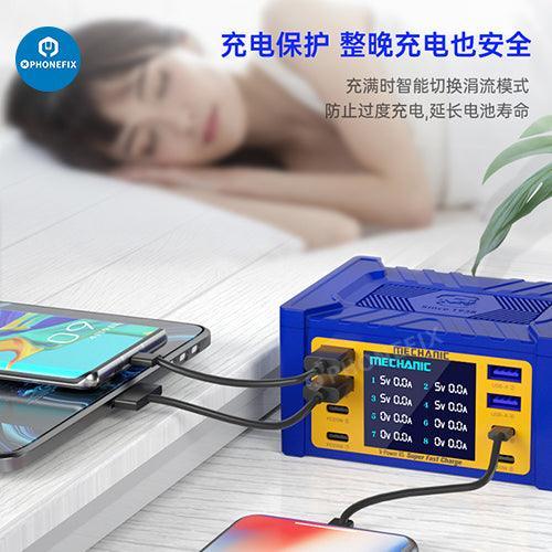 PHONEFIX Mechanic V-Power 6 8 8S super fast USB charger for iPhone, iPad, and watches, shown plugged into devices.