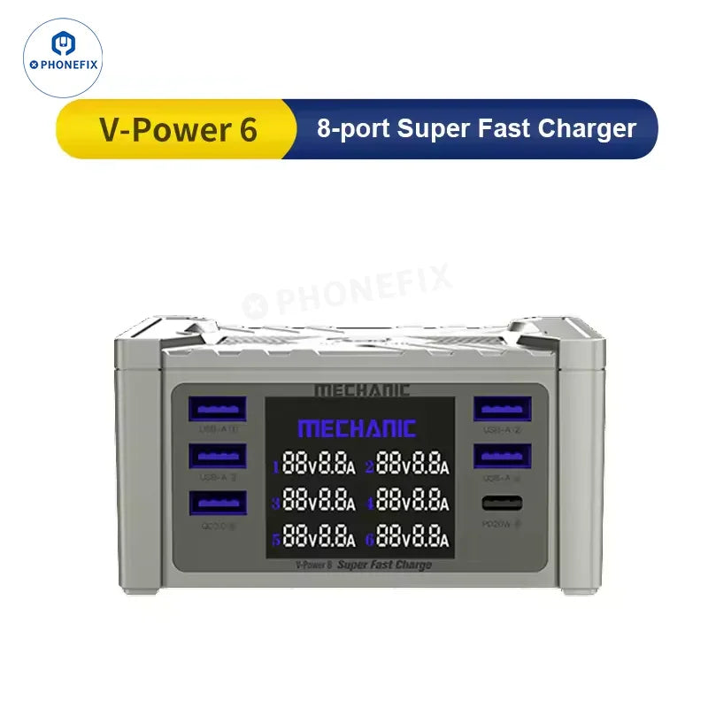 PhoneFIX V-Power 6 8 8S super fast USB charger for iPhone, iPad, and Apple Watch, shown connected and ready for use.