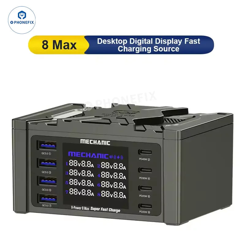 PHONEFIX MECHANIC V-Power 6 8 8S super fast USB charger for iPhone, iPad, and Apple Watch devices.