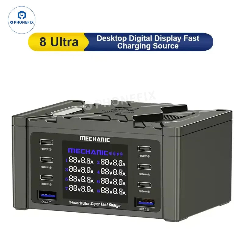 PhoneFix V-Power 6/8/8S super fast USB charger for iPhone, iPad, and Apple Watch, with compact design and multiple device compatibility.