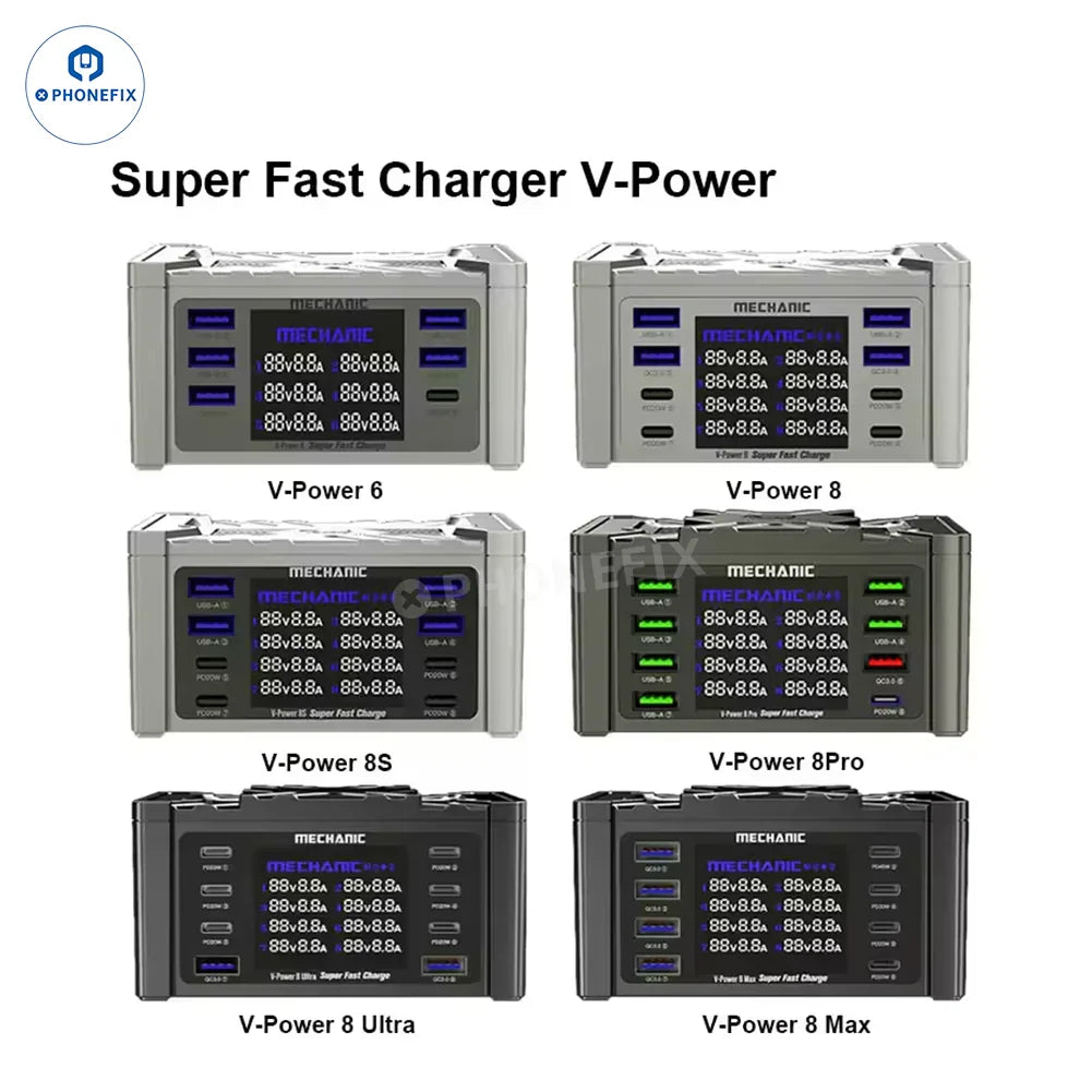 PhoneFix V-Power 6 8 8S super fast USB charger for iPhone, iPad, and Apple Watch, shown connected with charging cables.