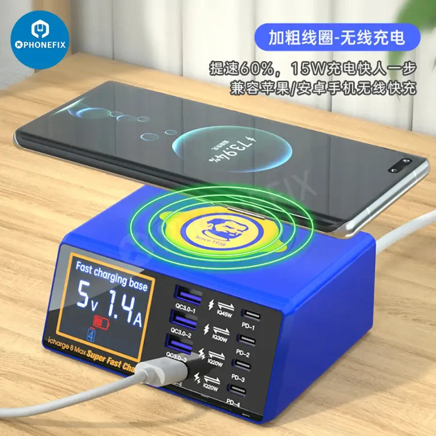 PHONEFIX MECHANIC iCharge 8 Max wireless USB quick charger connected to a smartphone for fast charging.