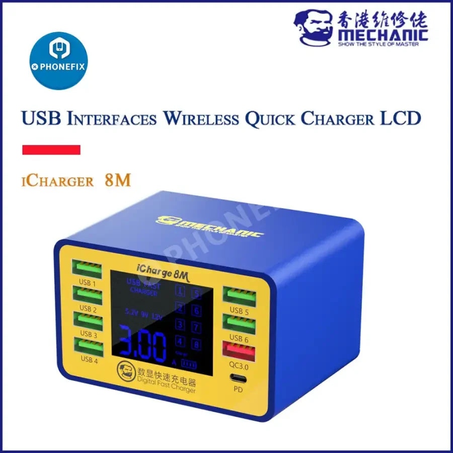 PHONEFIX iCharge8M USB fast charger for iPhone, Android, and tablets, showing the compact charger and USB cable.