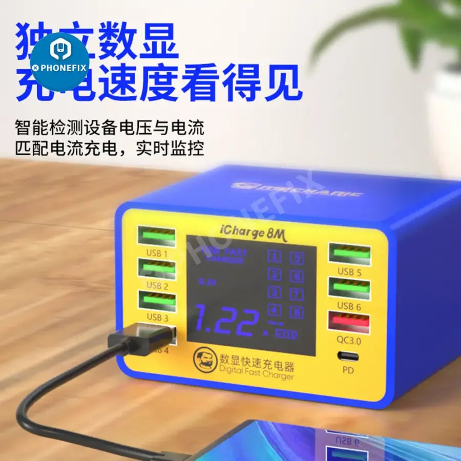 PHONEFIX Mechanic iCharge8M USB fast charger for iPhone, Android, and tablets, with a long 8-meter cable for convenient charging.