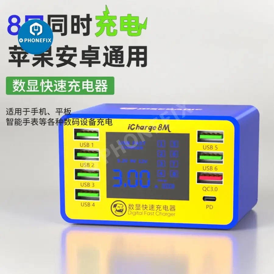 PHONEFIX iCharge8M USB fast charger for iPhone, Android, and tablets, shown plugged into a smartphone for quick charging.