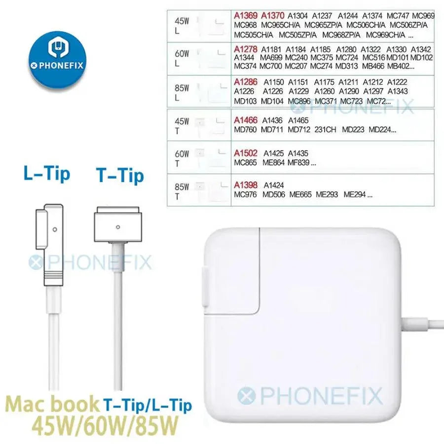 PhoneFIX MagSafe power charger adapter for MacBook Pro, compatible with 45W, 60W, and 85W USB charging for phones and laptops.