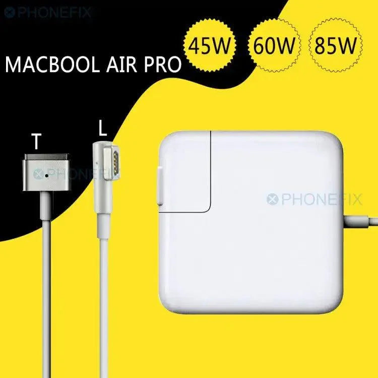 PhoneFIX 45W, 60W, 85W MagSafe power charger adapter for MacBook Pro with USB charging port, compact and reliable design.