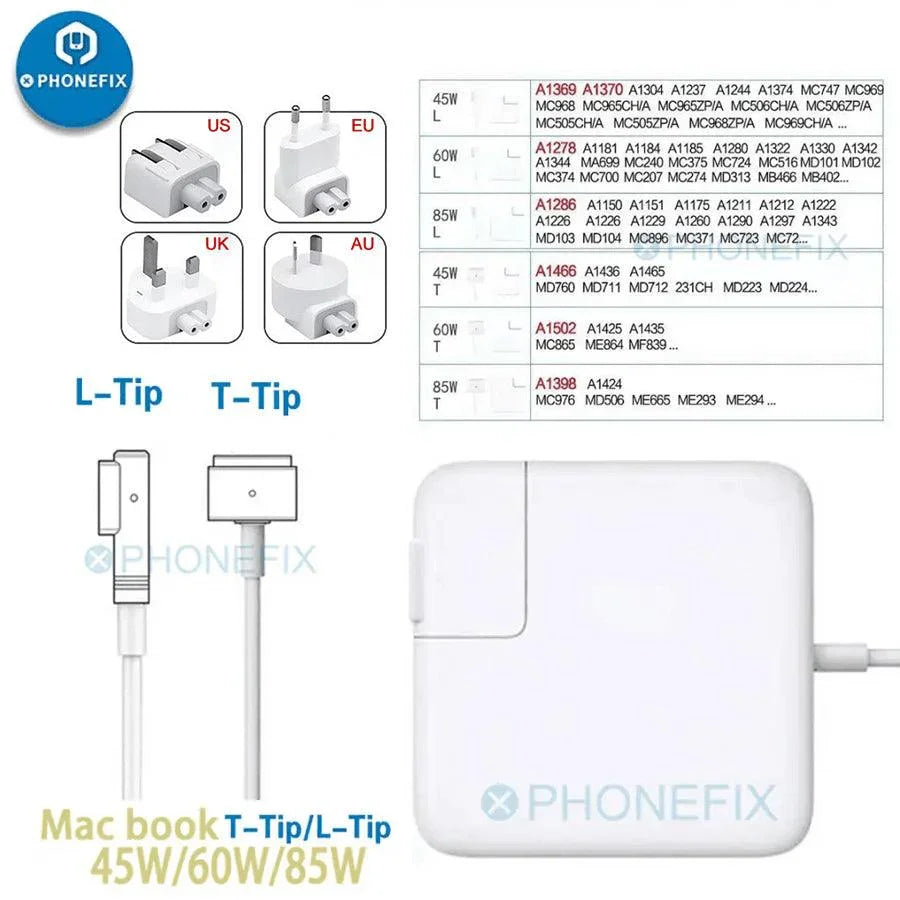 PhoneFIX MagSafe power charger adapter for MacBook Pro, available in 45W, 60W, and 85W, with USB charging port and L-tip AU connector.